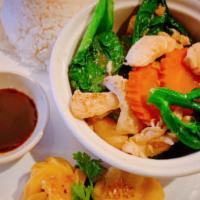 L12=Chinese Broccoli Sauce · Chinese broccoli, baby corn and carrots. Served with jasmine rice. Includes your choice of s...