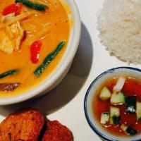 L13=Red Curry · Spicy. String bean, eggplant, bamboo shoot, bell pepper and basil. Includes your choice of s...