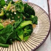 Steamed Mixed Greens · Steamed Chinese broccoli,snow pea,American broccoli ,bok choy and string beans in garlic sauce