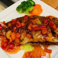 Pla=Crispy 3 Flavors Red Snapper · Topped with sweet chili tamarind sauce.
