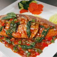 Pla=Crispy Basil Red Snapper · Spicy. Crispy red snapper topped with chili sauce.