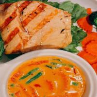 Pla=Grilled Salmon Panang -Gf · Gluten free ํ 
Spicy. Grilled salmon with panang curry sauce.