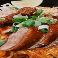 Duck //Pad Thai -Gf · Gluten free ํ 
Rice noodle, egg, bean curd, scallion, bean sprout and peanut.