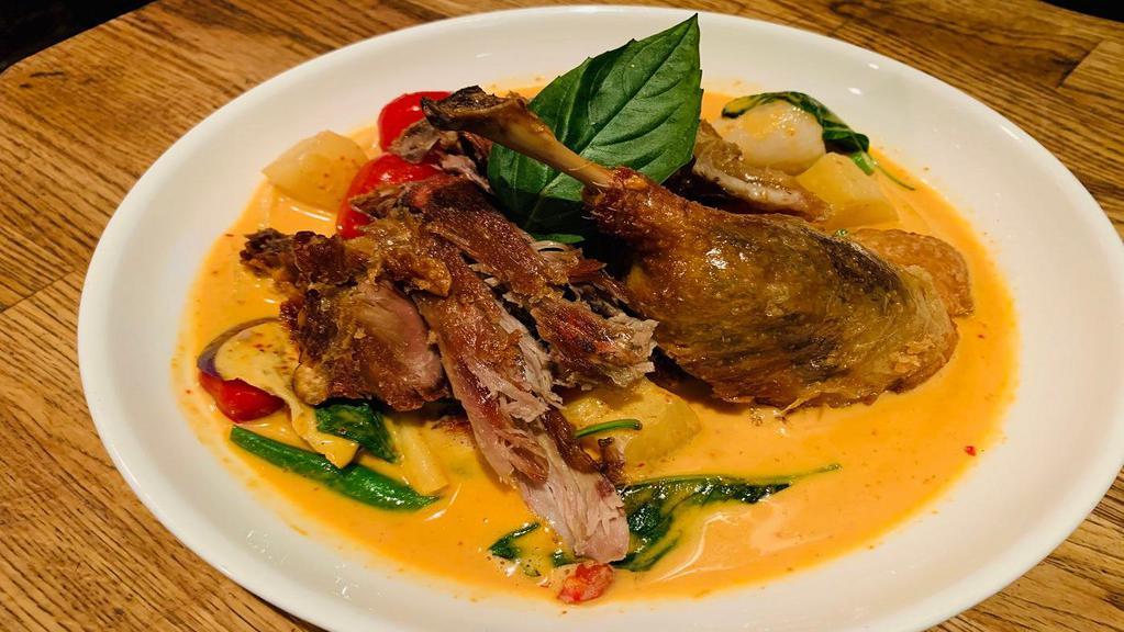 Duck Red Curry -Gf · Gluten free ํ 
Spicy. String bean, pineapple, tomato, bamboo shoot, basil and bell pepper. Spicy. “ Duck Red Curry “ Tasty creamy coconut milk with spicy red paste and served on crispy duck.