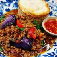 C08=Ka Pao Moo · Minced pork basil sauce with eggplant and fried egg over rice. 
Priknampla= Fresh Chili in F...