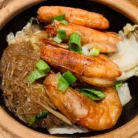 Cs03=Shrimp Clay Pot · Shrimp and glass noodle with Thai herbs and scallion in clay pot.