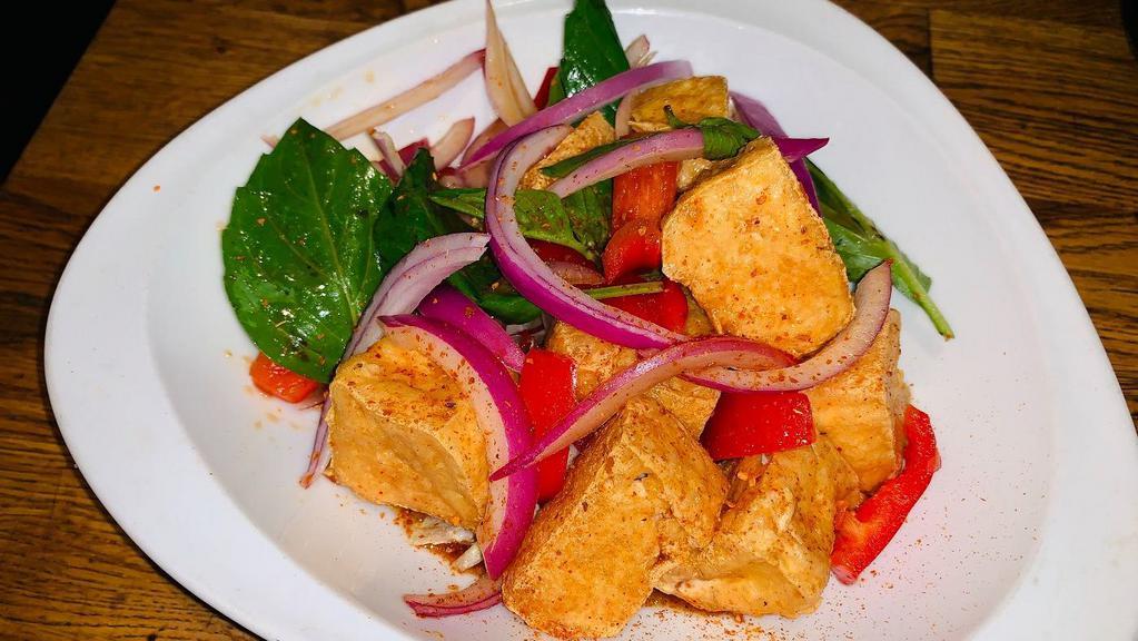 Ve03=Tofu Spices · Vegetarian. Red onion, bell pepper, peanut and basil in chef's special sauce.