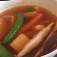 Spicy Kimchee Soup · Shrimp, salmon, crab, fishcake, vegetables, udon noodle.