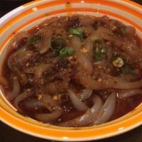 Mung Bean Noodle 川北凉粉 · Mung bean jelly, oyster sauce, garlic and spicy sauce.