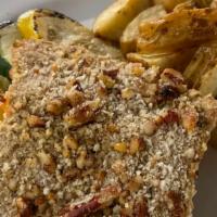 Salmon, Pecan Crusted · Seasoned and seared to perfection. Prepared medium rare to allow for reheating to your prefe...