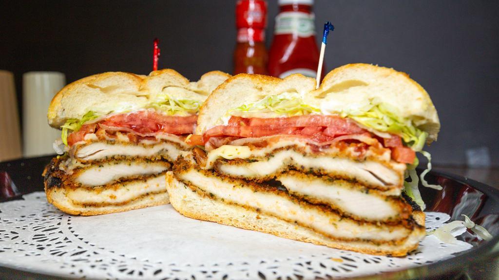 Country Club · Chicken Cutlet, Bacon, American Cheese, Lettuce, Tomato, Mayo.