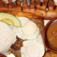 Bandeja Paisa · Colombian typical platter with beans, rice, avocado, egg, pork sausage, grilled steak and po...