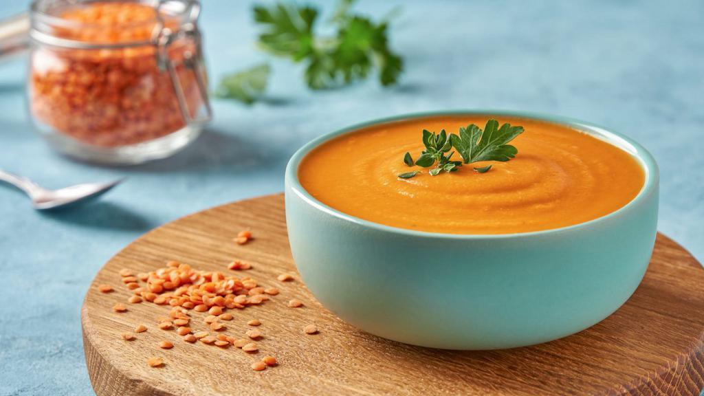 Lentil Soup · Traditionally prepared soup made with a mixture of brown lentils, a hint of spice flavourings, bay leaves and finished off with a touch of lemon to elevate this soup.