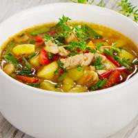 Veggie Remix Soup · Traditionally prepared soup made of a garden medley blend of carrots, onions, tomatoes, cele...