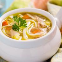 Chicken Noodle Soup · Traditionally prepared soup made of a mixture of chopped vegetables simply made with egg noo...