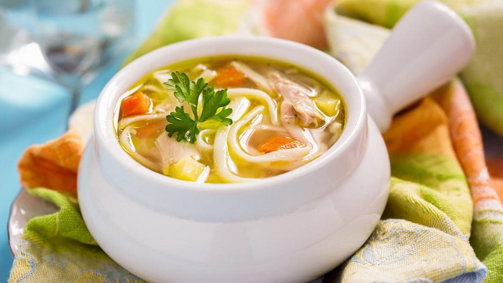 Chicken Noodle Soup · Traditionally prepared soup made of a mixture of chopped vegetables simply made with egg noodles and bits of chicken cooked in a chicken stock.
