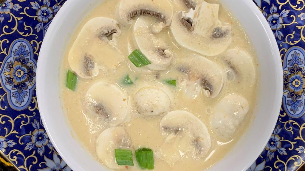 Vegan Tom Ka (Small) · Coconut based soup with mushrooms, lemongrass, and lime juice.