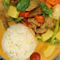 Vegan Red Curry  · Spicy red curry paste, coconut milk, eggplant, bell peppers, bamboo shoots, carrots, string ...