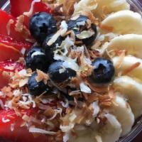 Acai Bowl · Made with soy milk, blueberries, strawberries, and bananas. Topped with fresh strawberries, ...