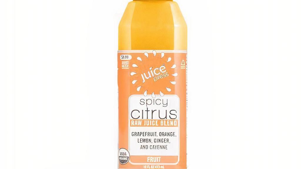 Spicy Citrus (16 Fl Oz) · Grapefruit juice, orange juice, lemon juice, ginger juice, cayenne powder, and vegan L. Bulgaricus.