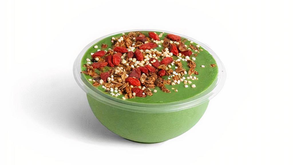 Green Bowl · 3 free toppings. Kale, spinach, banana, pomegranate powder, date, vanilla, and almond milk.