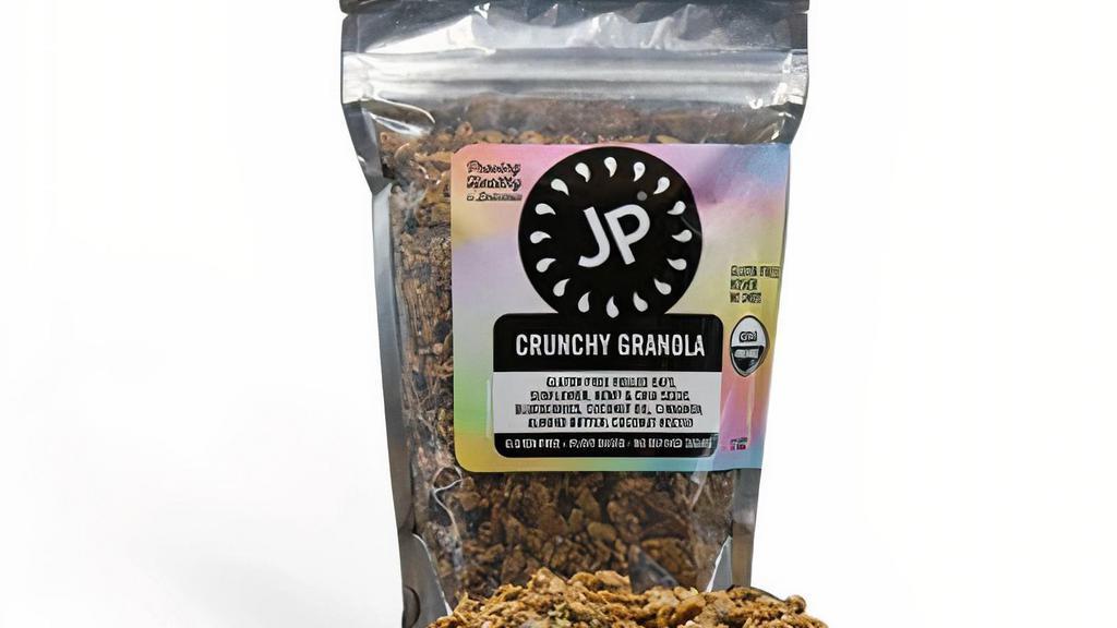 Jp Crunchy Granola · Gluten Free Rolled Oats, Sunflower, Hemp & Chia Seeds, Blueberry, Coconut Oil, Cinnamon, Almond Butter, Coconut Nectar. Organic. CONTAINS ALMONDS AND COCONUT. 11 oz.