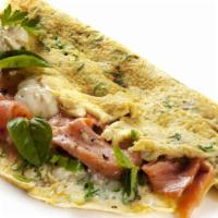 Sea Love Omelette · Smoked salmon, scallions, red peppers, and red onions.