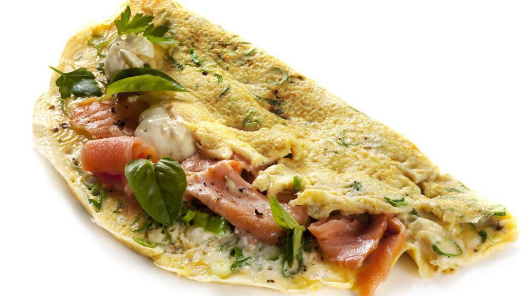 Sea Love Omelette · Smoked salmon, scallions, red peppers, and red onions.