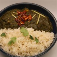 Saag Paneer (Gf) · Cubed Indian Cheese (Paneer) in a thick spinach Sauce