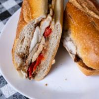 Grilled Chicken And Fresh Mozzarella Sandwich · With roasted pepper hero with balsamic vinegar.