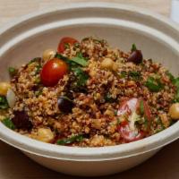 Quinoa Salad · Chickpeas, Tomato, Onion, Cucumber, Olives, Parsley, Sweet Plantain, Red Pepper  Dressing