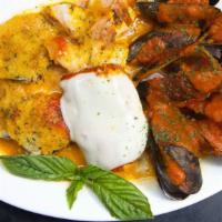 Hot Antipasto · Baked clams, shrimp, mussels and eggplant rollatini.
