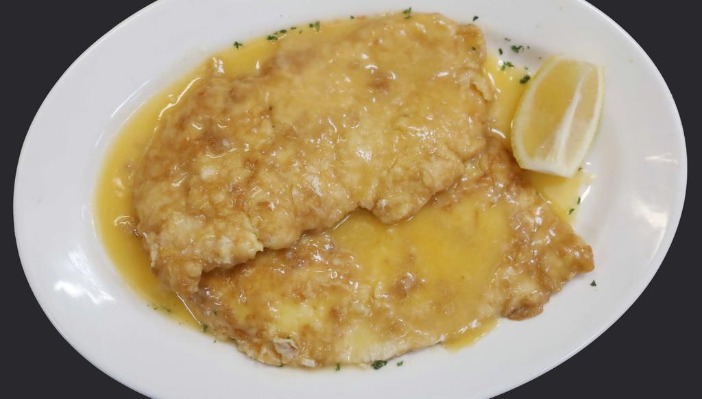 Chicken Francese  · Chicken breast sauteed with white wine, lemon, and butter.