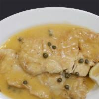Chicken Piccata · Tender chicken breasts in lemon pepper flour.