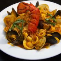 Mario'S Seafood Combo · Clams, lobster, shrimp, scallops, mussels, calamari & marinara sauce (served with your choic...