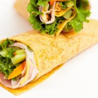 Eggs, Salami & Tomato Wrap · Fluffy eggs, sliced peppered turkey and your choice of cheese and bread.