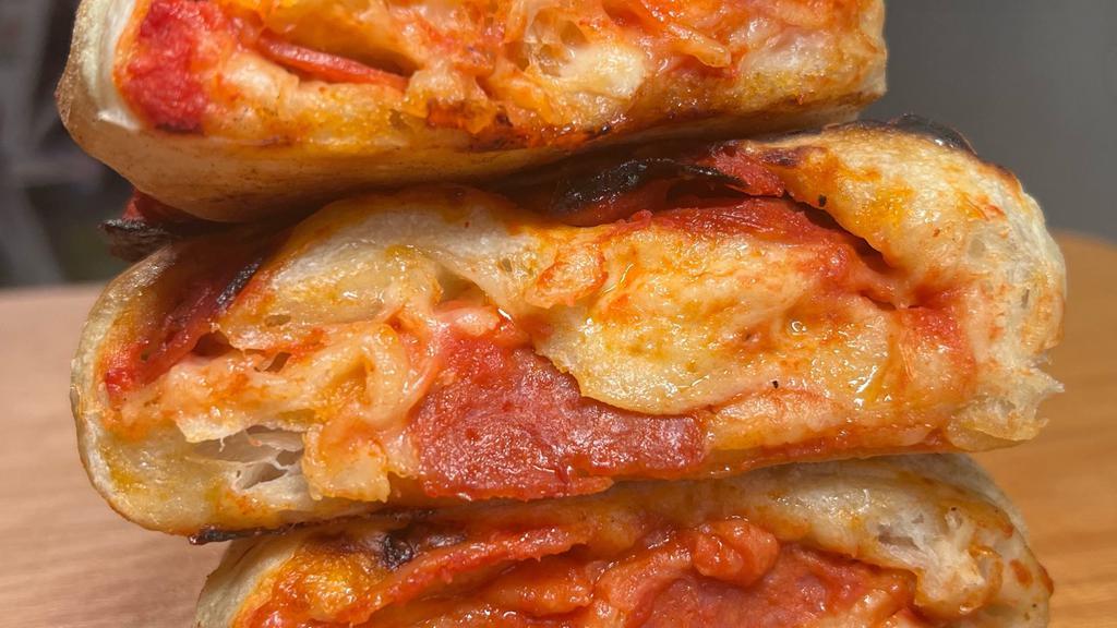 Mini Stromboli Pepperoni · Premium pepperoni, spicy hot honey, 'nduja sauce, tomato sauce, mozzarella