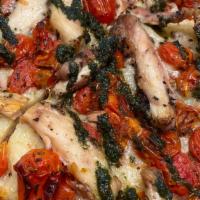 Chicken Out · Roasted chicken, cherry tomato confit, mozzarella, basil pesto (no nuts)