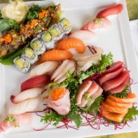 Sushi Sashimi Combo For 2 · 10 pieces sushi, 20 pieces sashimi and California roll and chef's specia Dynamitel roll. Ser...