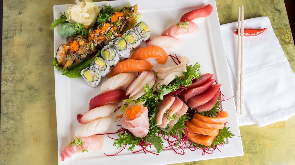 Sushi Sashimi Combo For 2 · 10 pieces sushi, 20 pieces sashimi and California roll and chef's specia Dynamitel roll. Served with soup and salad.