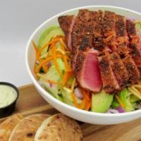 Tuna Steak Salad · Comes with shredded lettuce, avocado, carrot, Chinese noodle, and seared ahi tuna steak and ...
