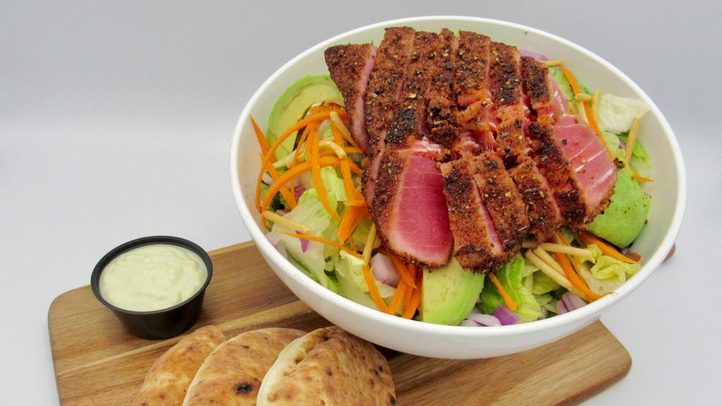 Tuna Steak Salad · Comes with shredded lettuce, avocado, carrot, Chinese noodle, and seared ahi tuna steak and wasabi dip.