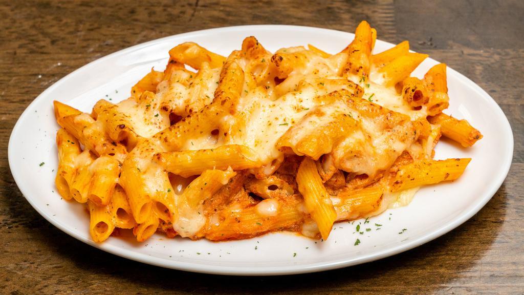Baked Ziti · Ziti pasta mixed with ricotta cheese and house tomato sauce baked with mozzarella cheese.