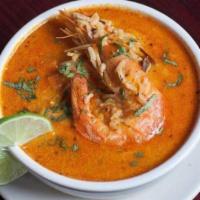 Chupe De Camarones · Shrimp soup with milk Peruvian style.