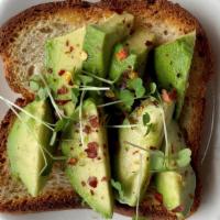 Avocado Toast · Served with microgreens. Gluten-free and dairy-free.
