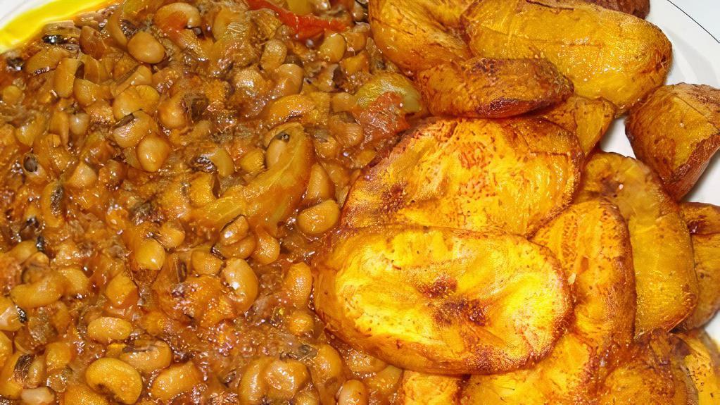 Black Eye Beans Stew With White Rice Or Plantain · Black eye beans stew with Sweet fried plantains