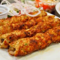 Chicken Reshmi Kabab · Minced chicken seasoned with chopped ginger, onion, and spices.
