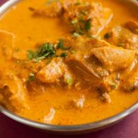 Shahi Chicken Korma · Boneless chicken cooked in our special saffron and cashew nut sauce. Served with basmati ric...