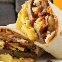 Big Breakfast Burrito Wrap · 3 Scramble eggs American cheese, Bacon, Sausage, Chipotle Salsa and Jalapeno Cream Cheese  w...