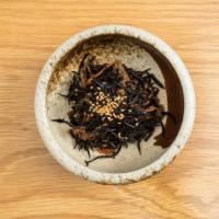 Hijiki · Cooked black seaweed and sesame seeds.